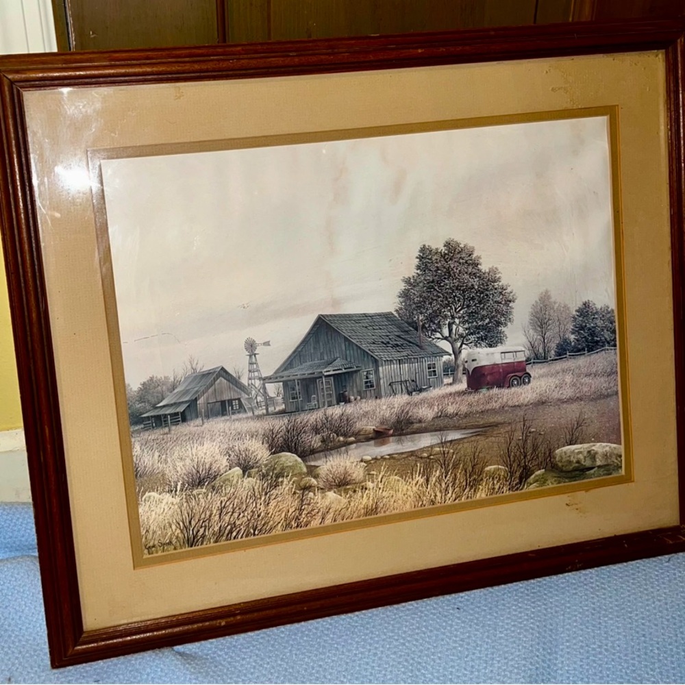 Vintage Gene Speck Art Wood Framed Print Country Landscape Wagon Barn - Picture 3 of 15
